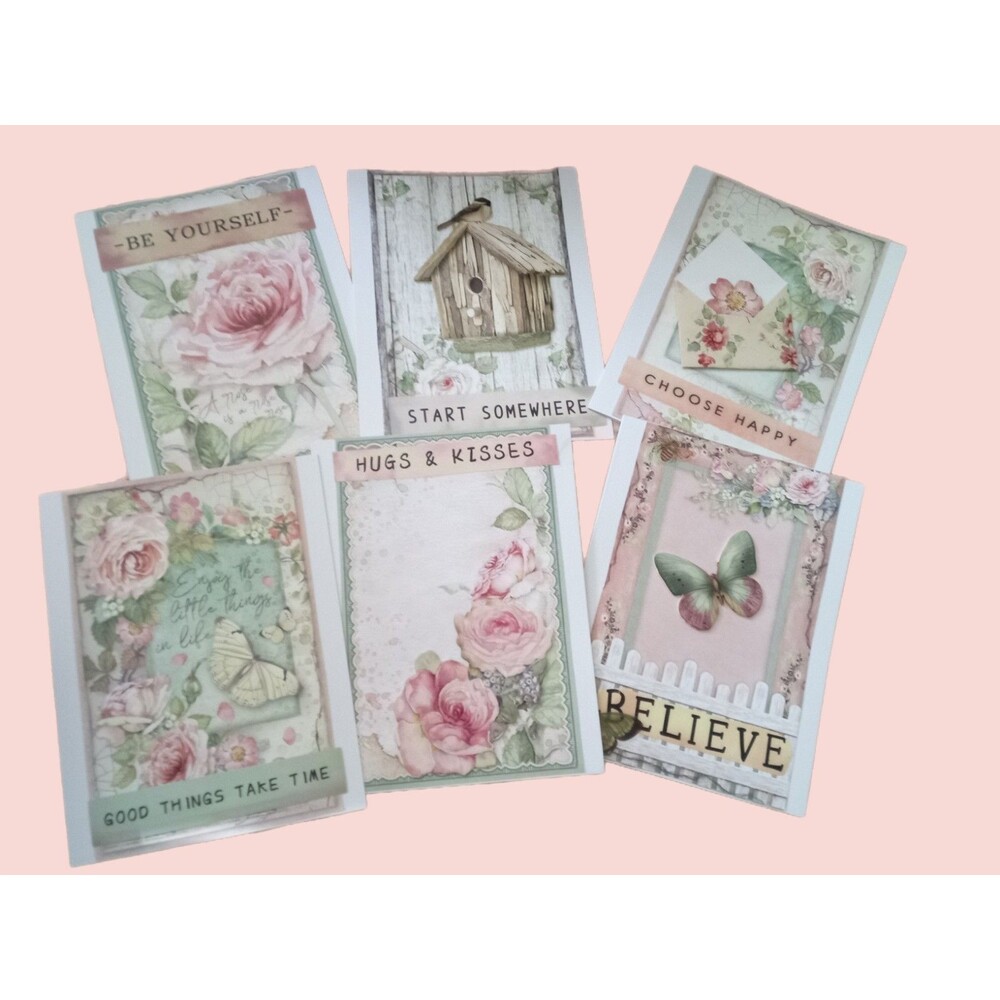 Set Of 6  Handmade Cards W/ Env Shabby Chic Floral Note Cards  4.5x5.5